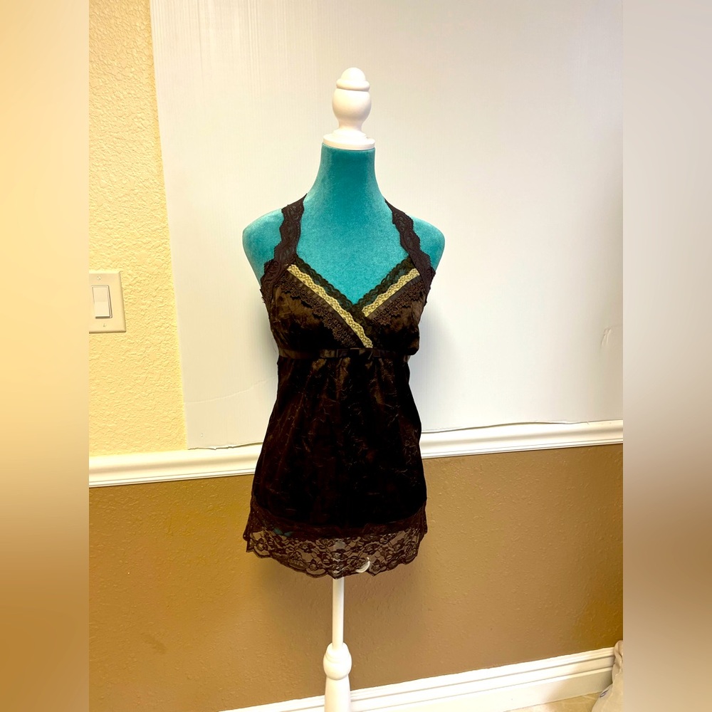 Vintage Charlotte Russe Brown Lace-Trim Babydoll Cami Halter crushed satin bow